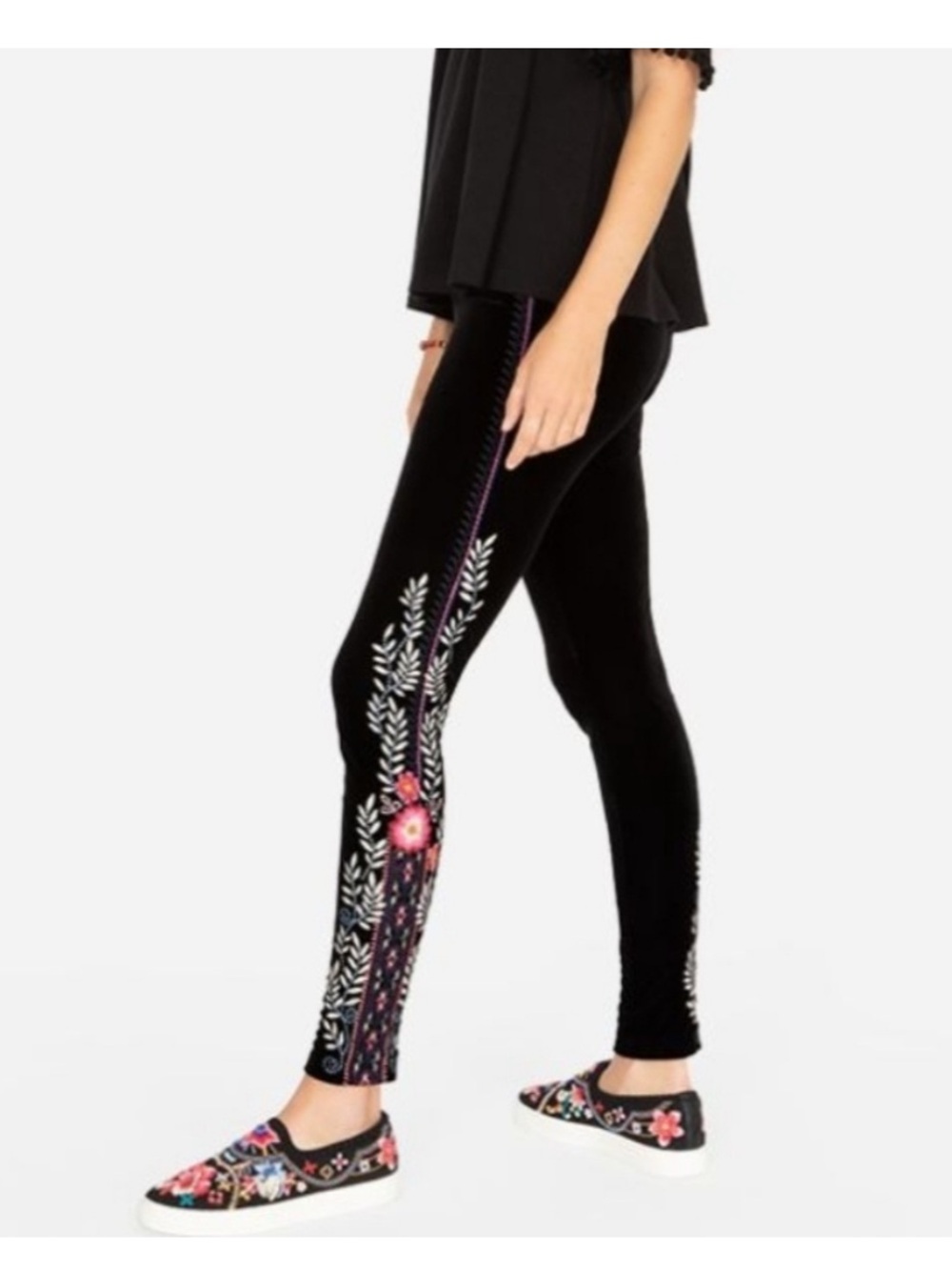 Johnny Was Black Leggings with Multicolor Floral Side Embroidery